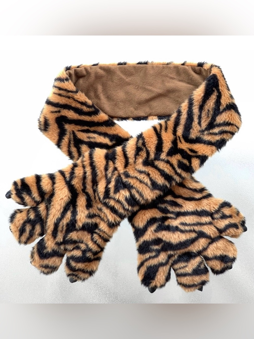 Tiger Print Scarf with Attached Plush Paws and Claw Hand Pockets, Kids One Size